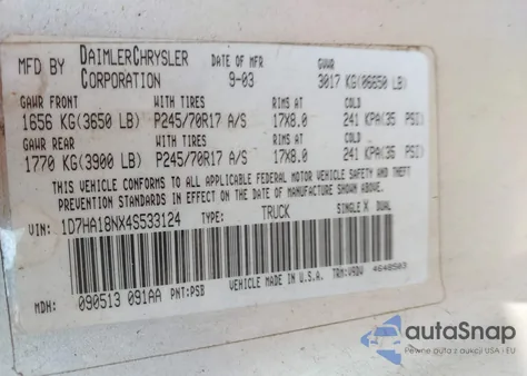 2004 Dodge Ram 1500 Slt/Laramie z USA, uszkodzony, nr VIN 1D7HA18NX4S533124